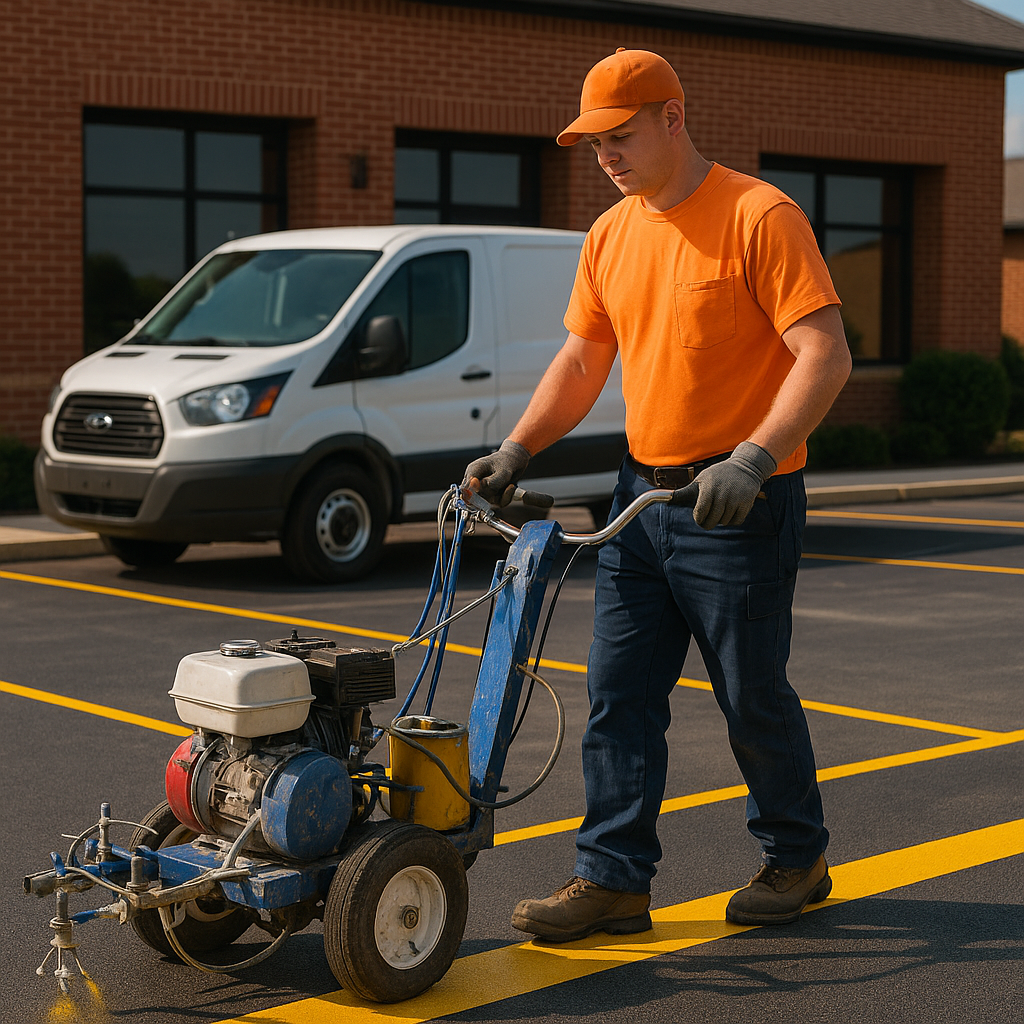 Professional striping equipment operator in action