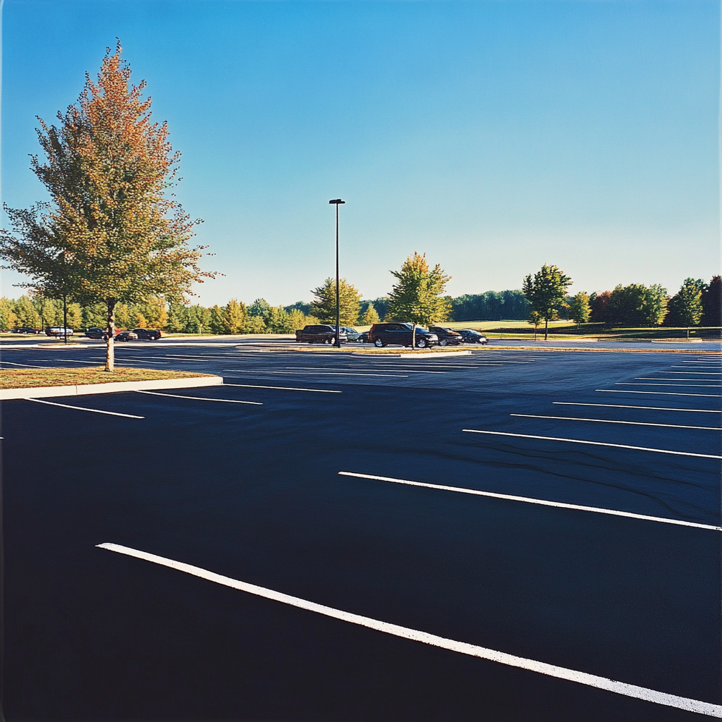 Freshly striped parking lot with beautiful fall trees